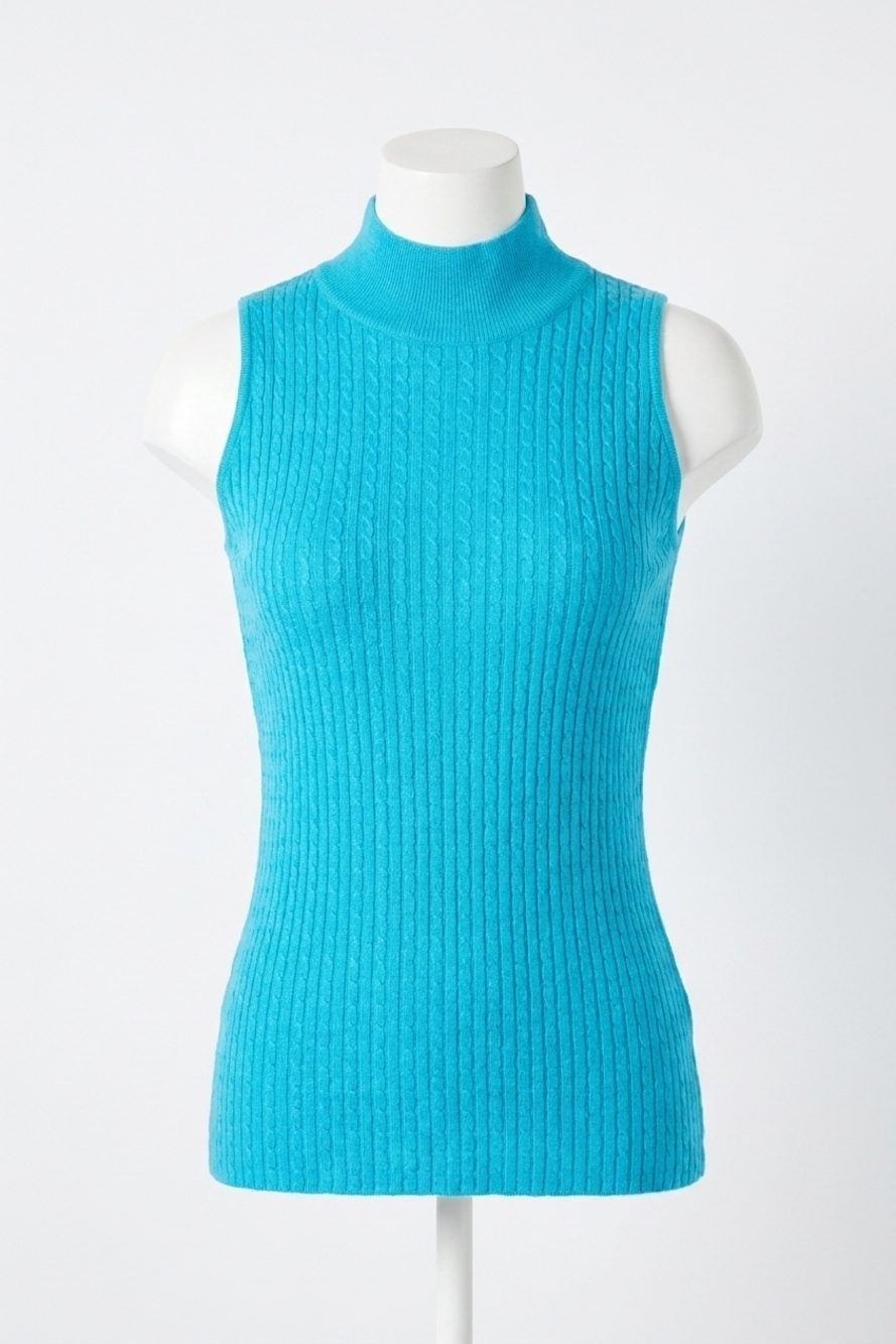 NEW FRENCH KYSS sleeveless braided mock neck top in turquoise